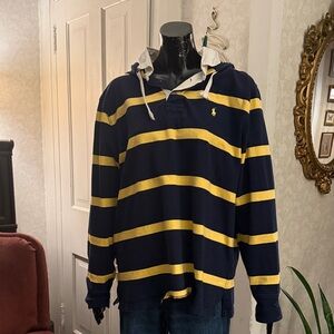 POLO by Ralph Lauren Hooded Blue Yellow Striped Rugby Shirt Collar Sz XL